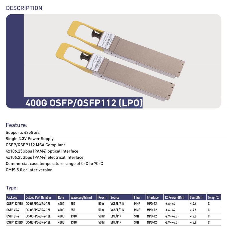 400G QSFP112 SR4 핫 플러그 멀티모드 광섬유 트랜시버 데이터 센터 및 광학 인터 커넥트의 100m 인터 커넥트
