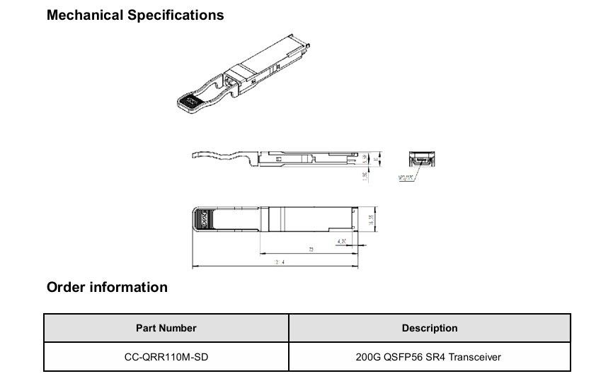 데이터 센터 인터 커넥트 솔루션 200G QSFP56 SR4 광 수신기 OM4 섬유로 100m 전송 거리를 가진