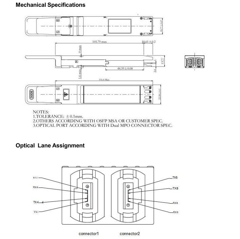 컴퓨팅 인터 커넥트 800Gbps OSFP 광 수신기, 핫플러그 가능한 듀얼 MTP8APC 커넥터 및 높은 데이터 레이트