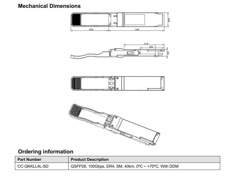 단일 3.3V 전원 100GBASE QSFP28 ER4 40KM 광섬유 장비 두중 LC 광 수신기 모듈